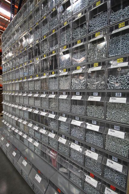 Fasteners stored in labelled hardware bins